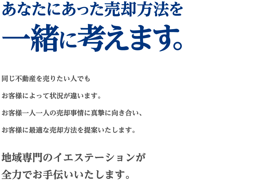 あなたにあった売却方法を一緒に考えます。同じ不動産を売りたい人でもお客様によって状況が違います。お客様一人一人の売却事情に真摯に向き合い、お客様に最適な売却方法を提案いたします。地域専門のイエステーションが全力でお手伝いいたします。